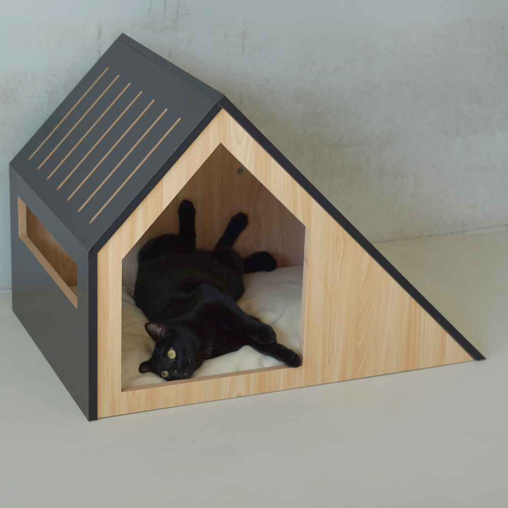 BLACK Wooden Cat House with Cotton Cushion